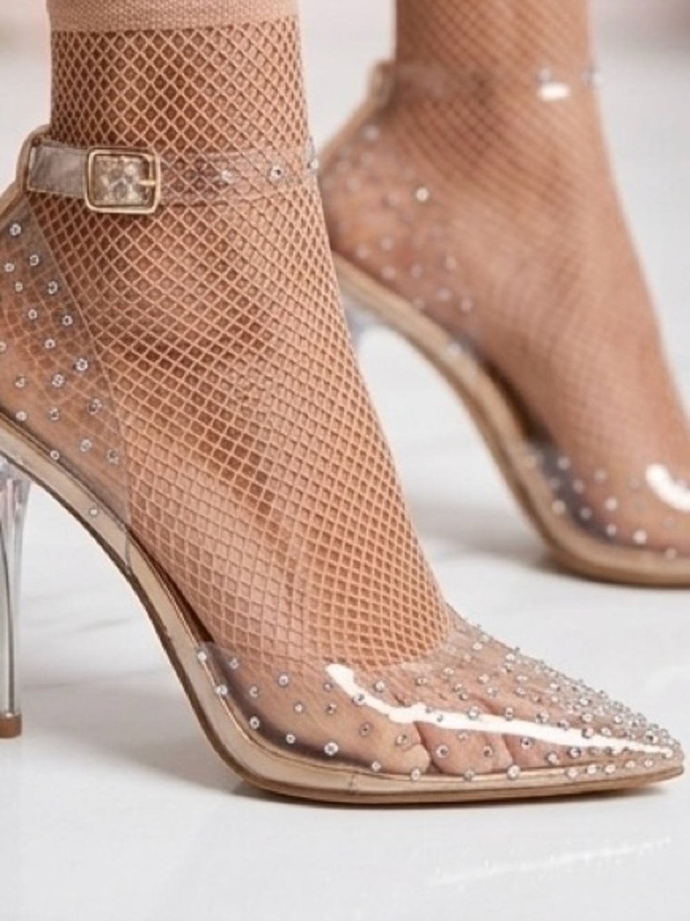 Clear Nude Pointed Toe Pump with Crystal Accents